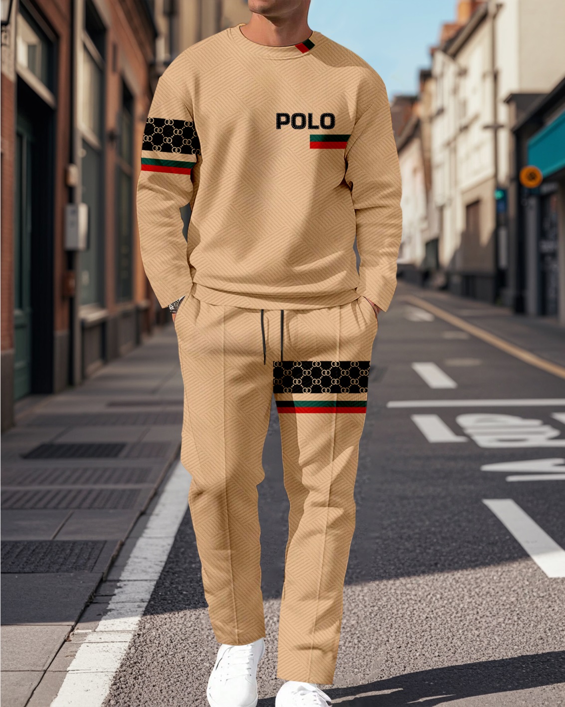 Men's Colorblock Printed Textured Long Sleeve -Sleeved Trousers Suit 038