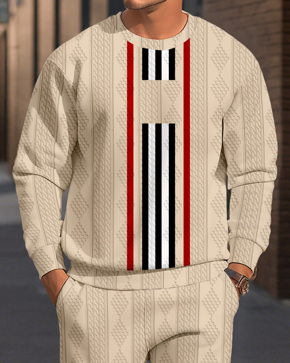 Men's Textured Jacquard Crew Neck Casual Sports Set 081
