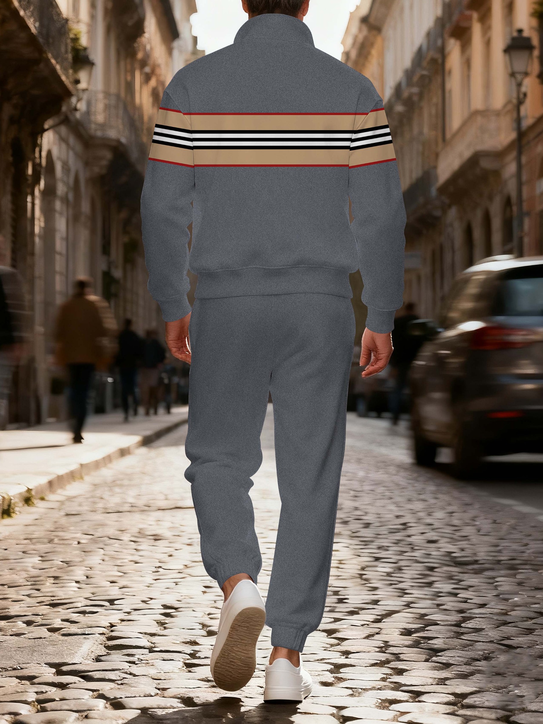 Men's stylish casual striped zipper long-sleeved two-piece set