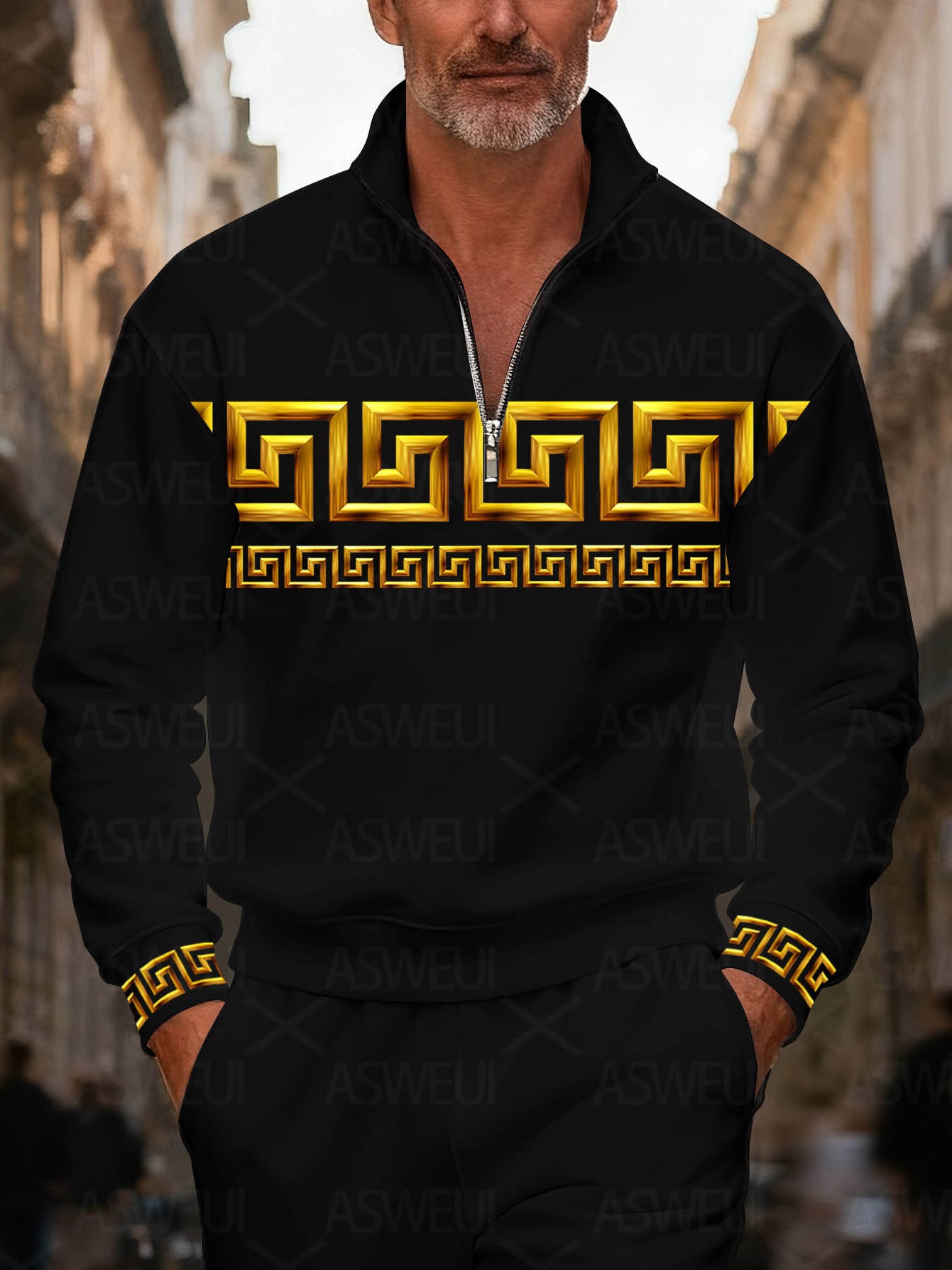 Men's fashionable black and gold geometric print zipper long-sleeved two-piece set