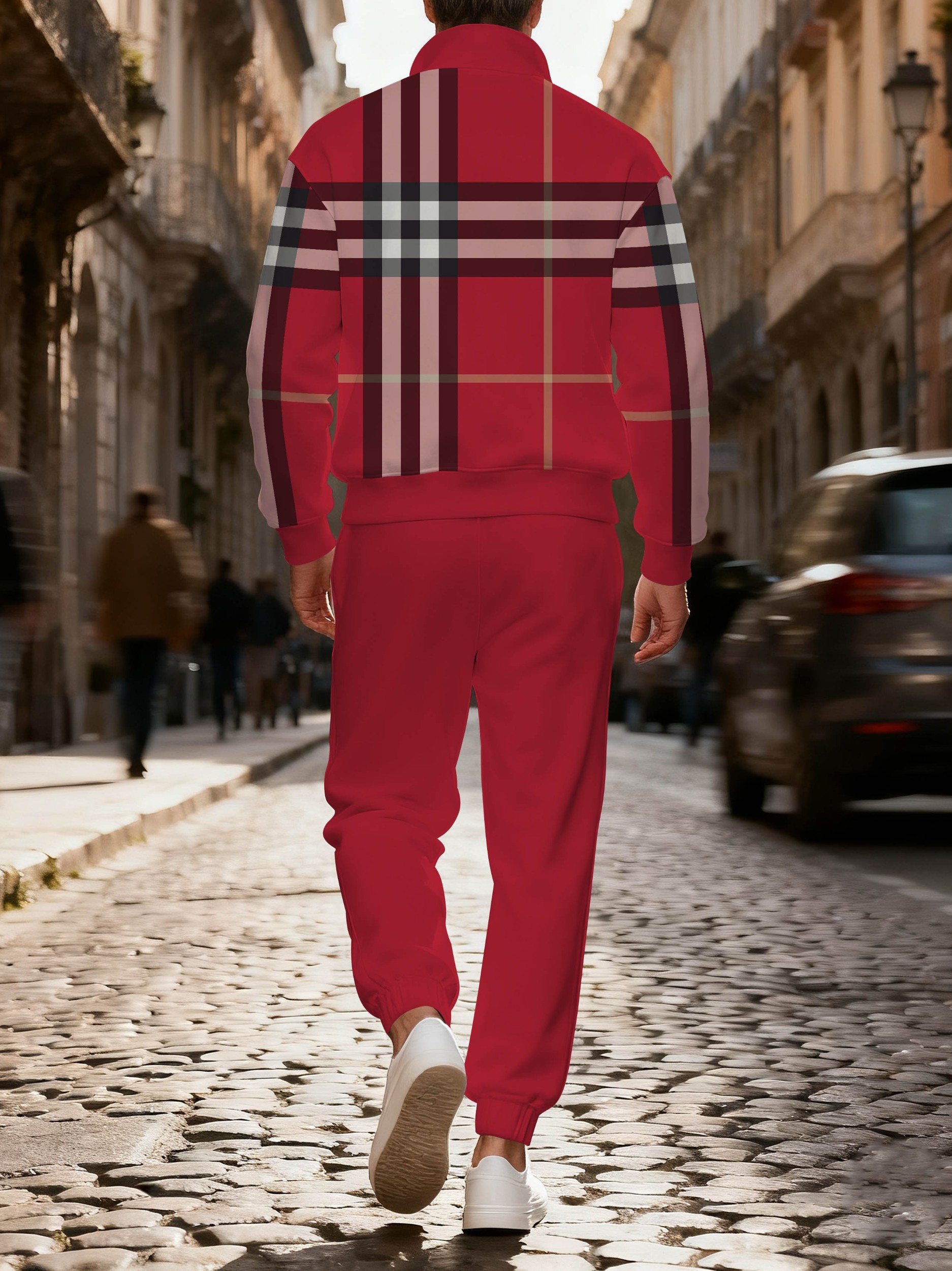 Men's casual checkered zipper long-sleeved two-piece set