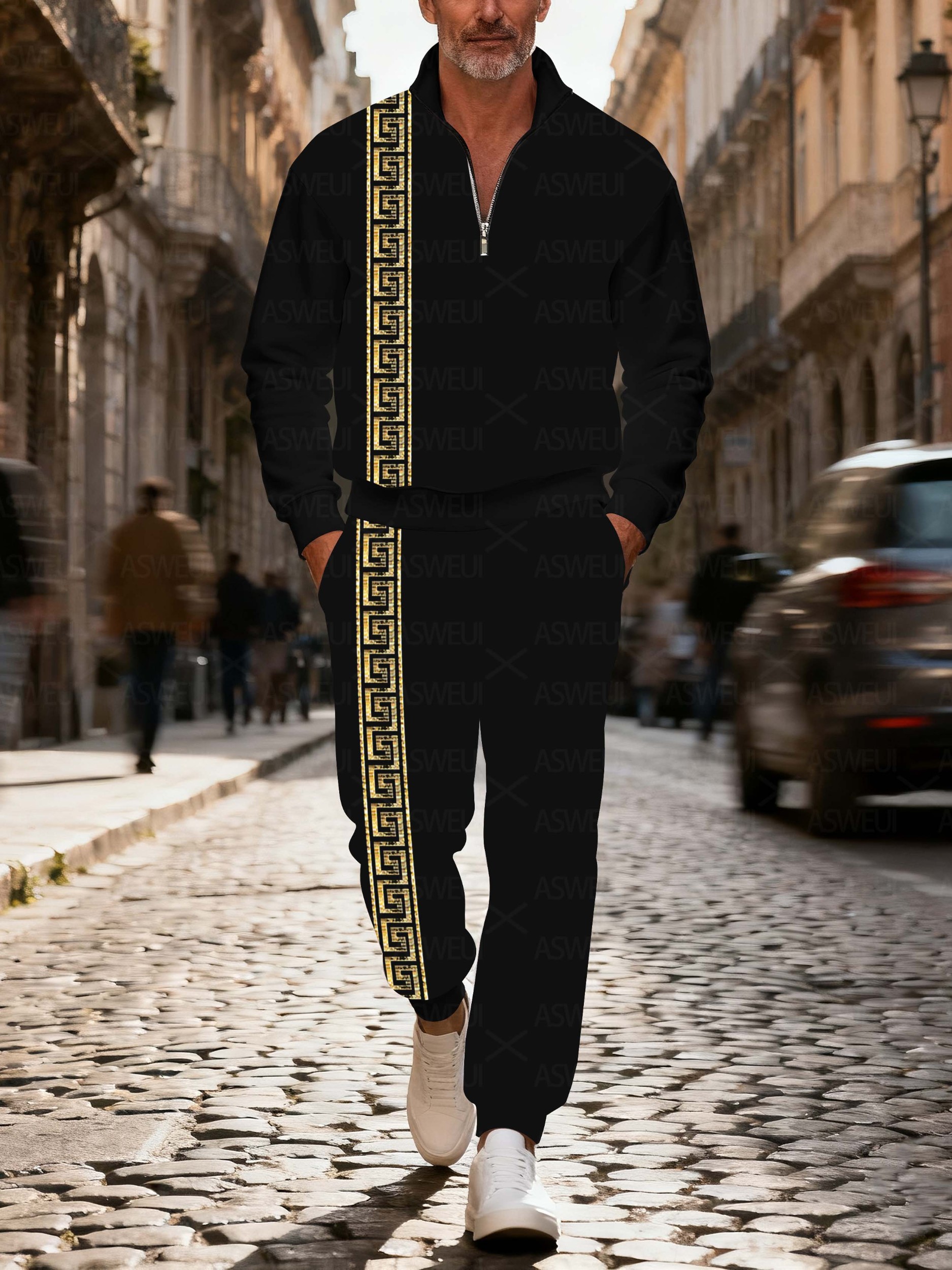 Men's casual fashionable black geometric zipper long-sleeved two-piece set