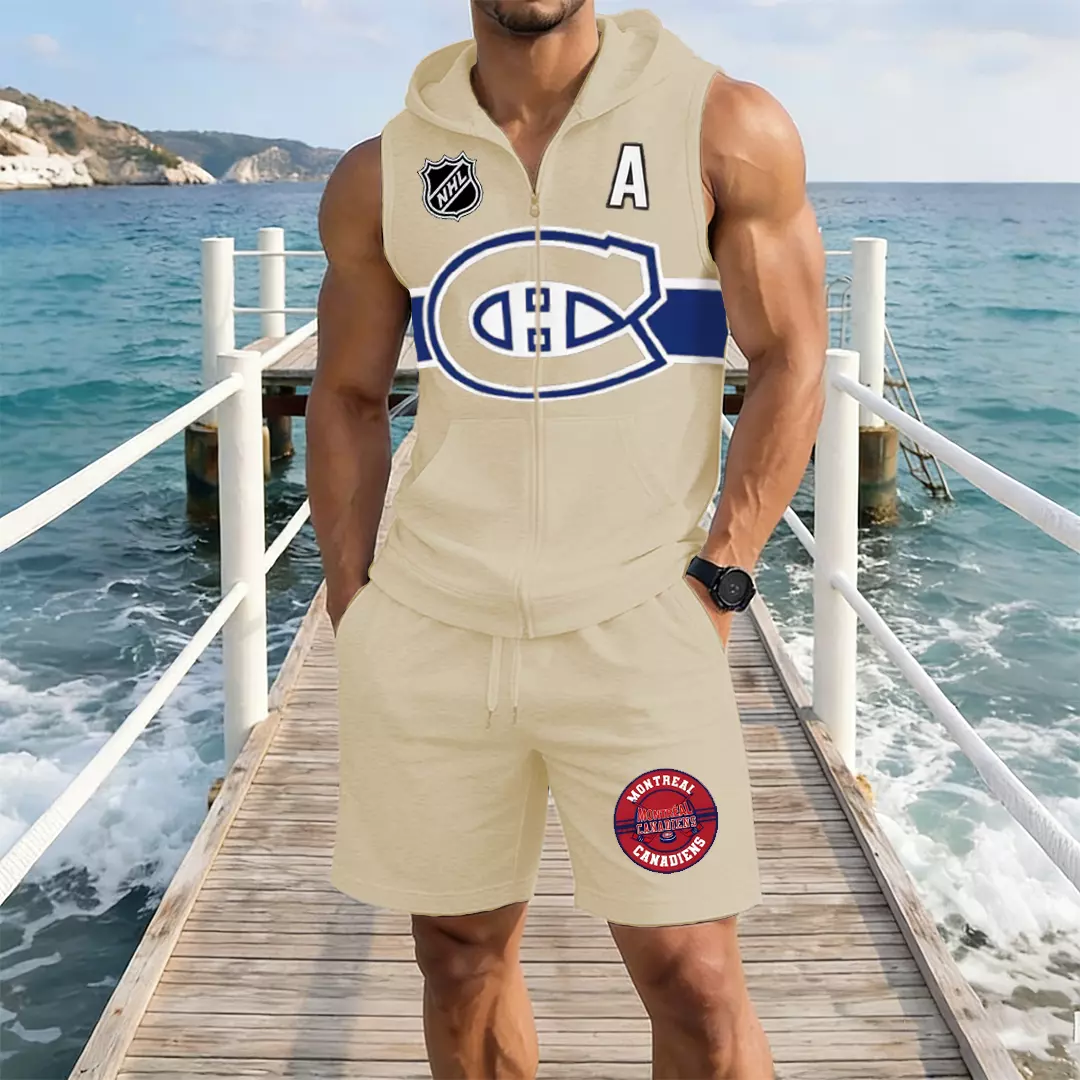 Men's "Montreal Canadaniens" printed sleeveless hoodie and shorts two-piece set