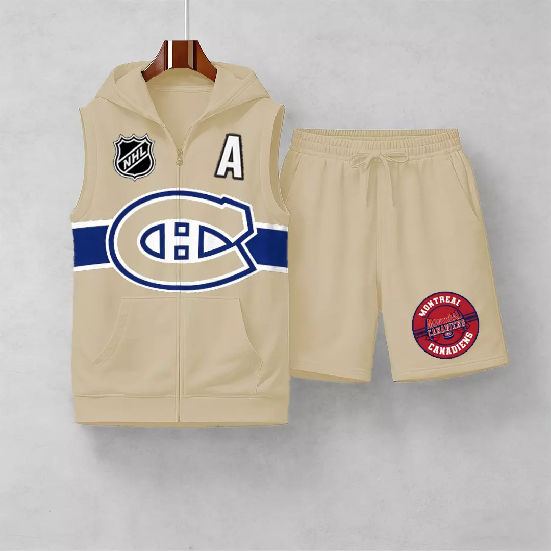 Men's "Montreal Canadaniens" printed sleeveless hoodie and shorts two-piece set