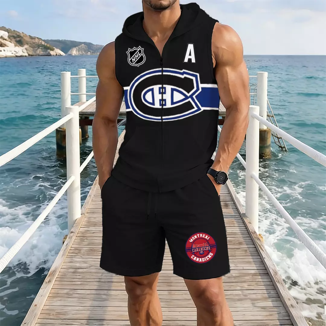 Men's "Montreal Canadaniens" printed sleeveless hoodie and shorts two-piece set