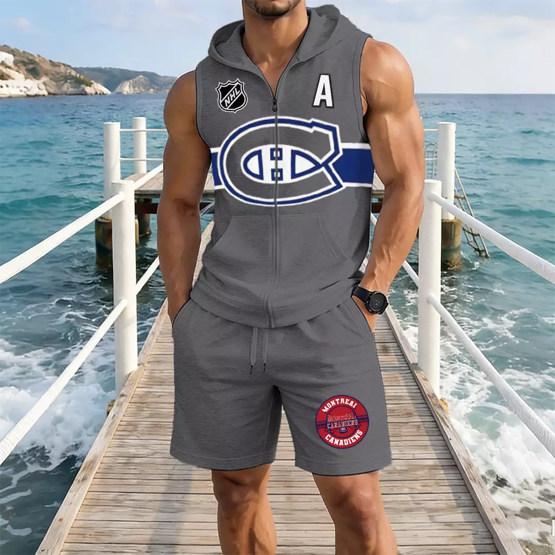 Men's "Montreal Canadaniens" printed sleeveless hoodie and shorts two-piece set