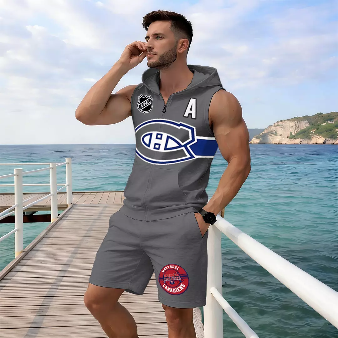 Men's "Montreal Canadaniens" printed sleeveless hoodie and shorts two-piece set
