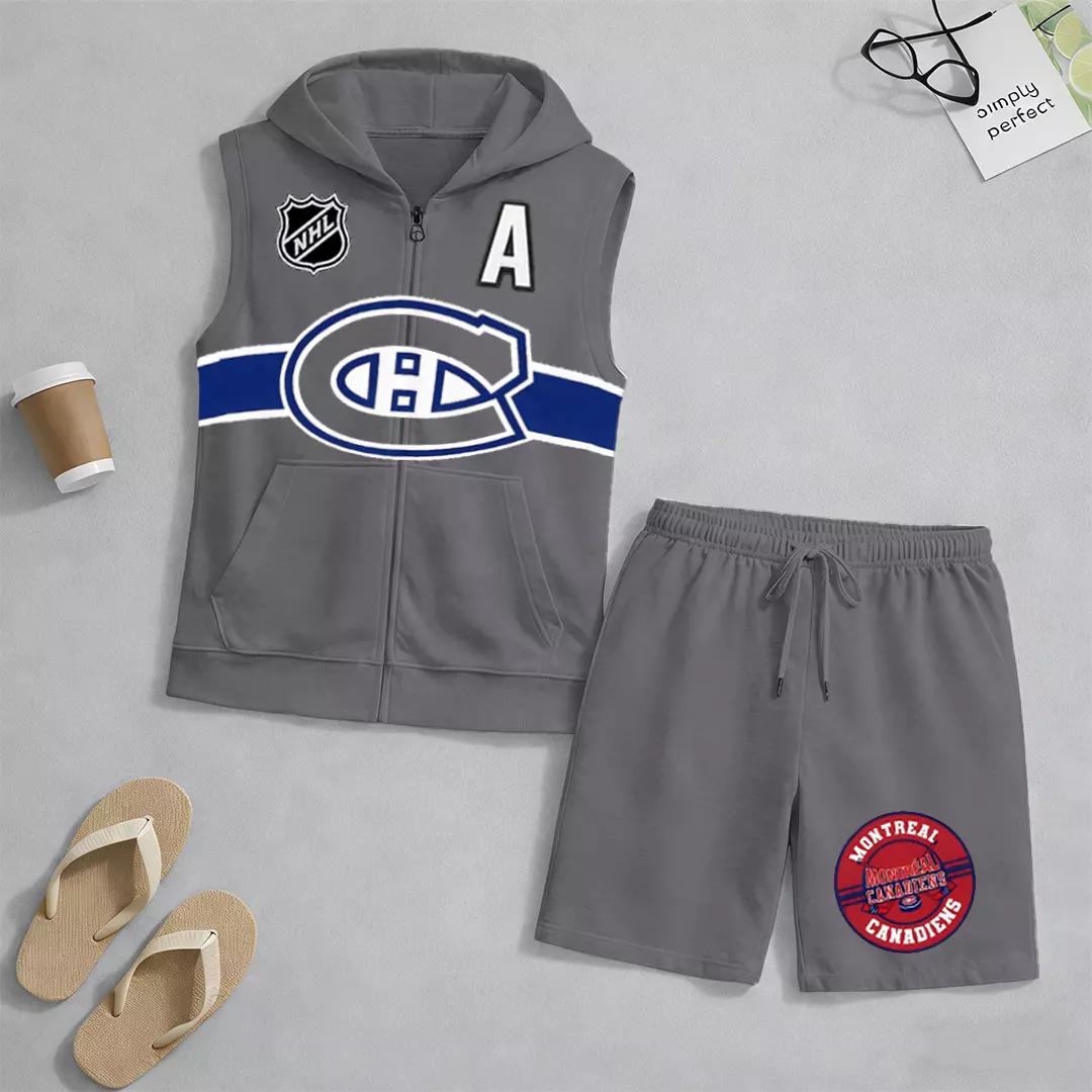 Men's "Montreal Canadaniens" printed sleeveless hoodie and shorts two-piece set