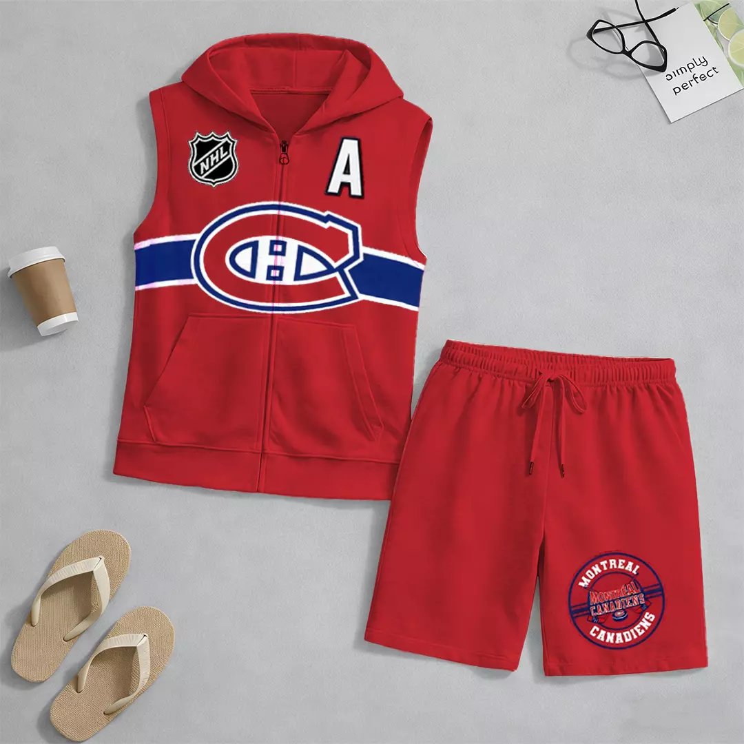 Men's "Montreal Canadaniens" printed sleeveless hoodie and shorts two-piece set