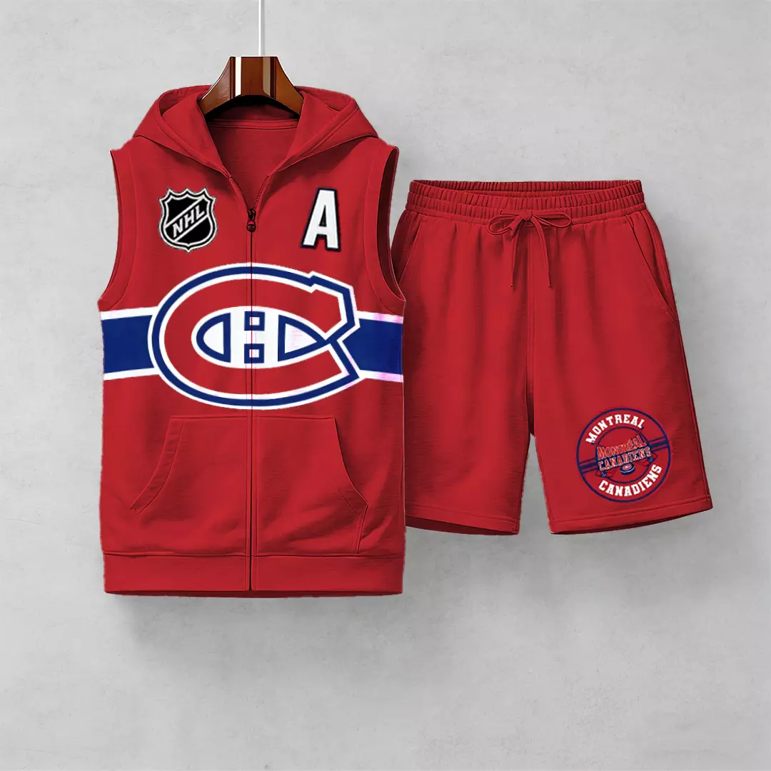 Men's "Montreal Canadaniens" printed sleeveless hoodie and shorts two-piece set