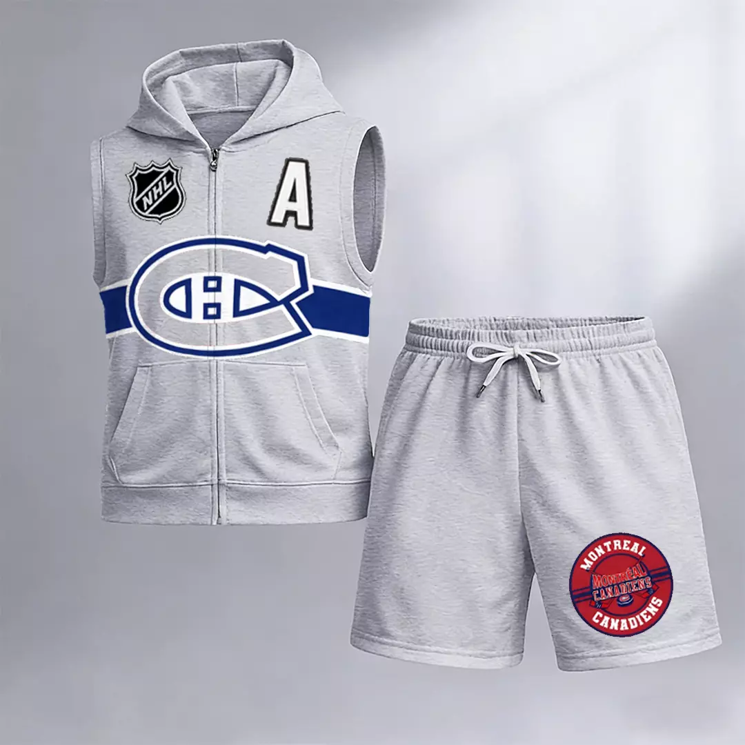 Men's "Montreal Canadaniens" printed sleeveless hoodie and shorts two-piece set