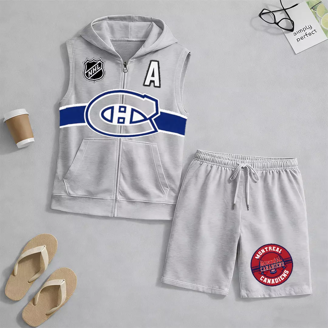 Men's "Montreal Canadaniens" printed sleeveless hoodie and shorts two-piece set