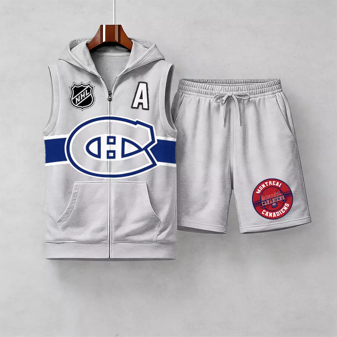 Men's "Montreal Canadaniens" printed sleeveless hoodie and shorts two-piece set