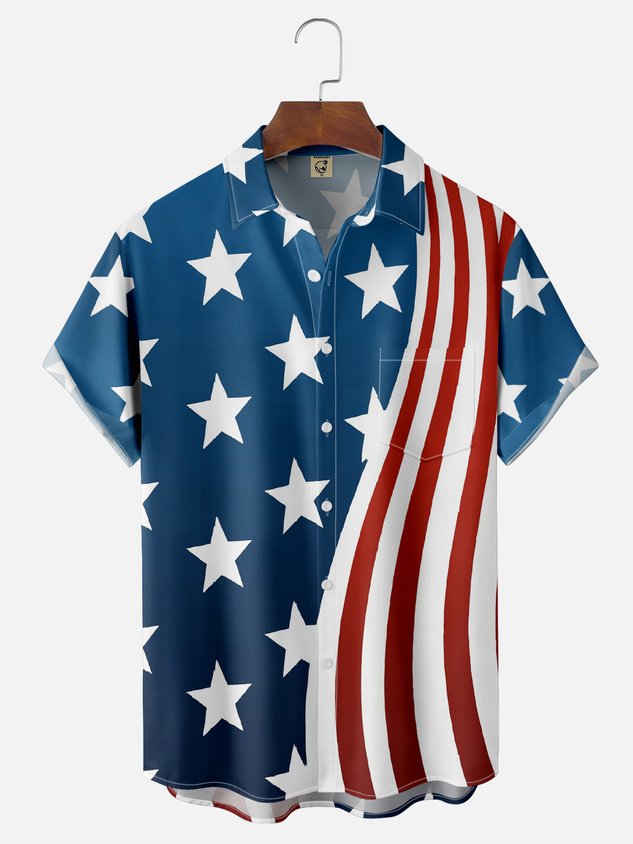 Tall Size Moisture-wicking American Flag Chest Pocket Casual Shirt