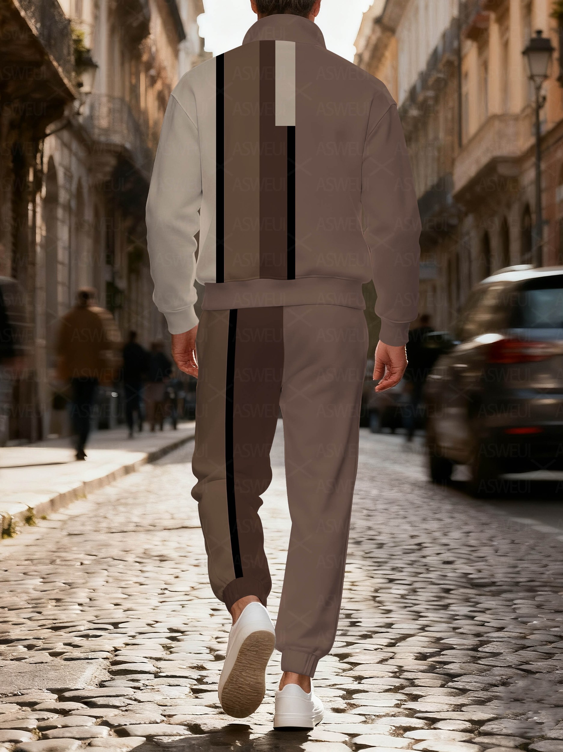 Men's fashionable brown printed zipper long-sleeved two-piece set