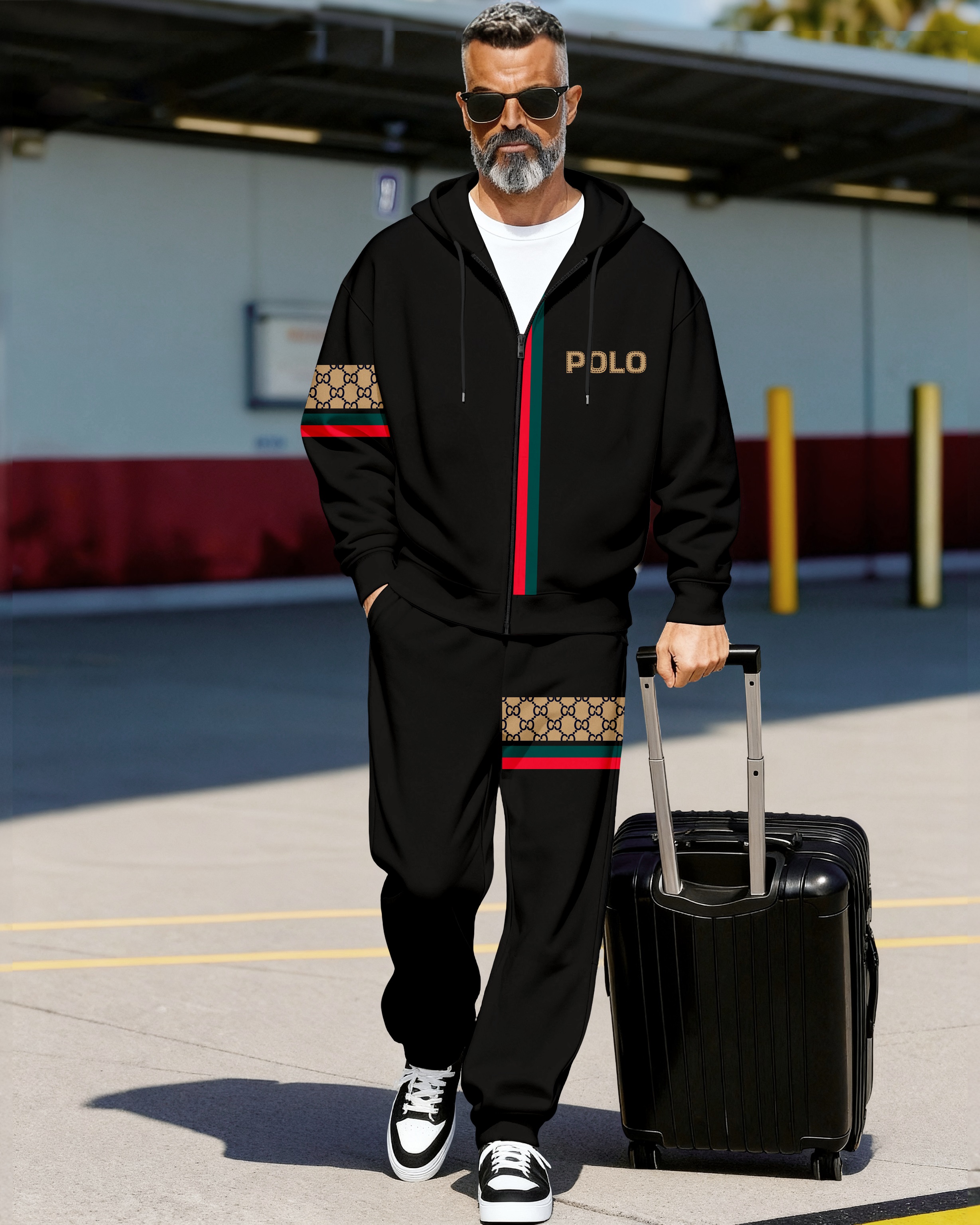 Men's Retro Luxury Thickened Fleece Colorblock Jacket Sports Hoodie Set 10