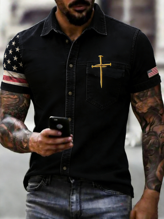 Moisture-wicking American Independence Day Cross Chest Pocket Casual Shirt
