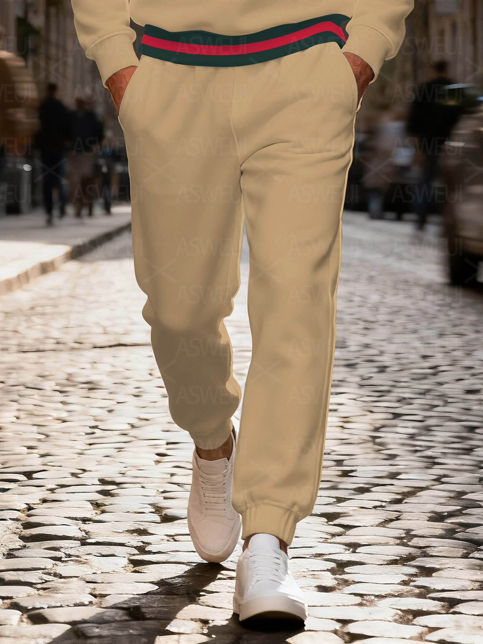 Men's fashionable khaki striped print zipper long-sleeved two-piece set