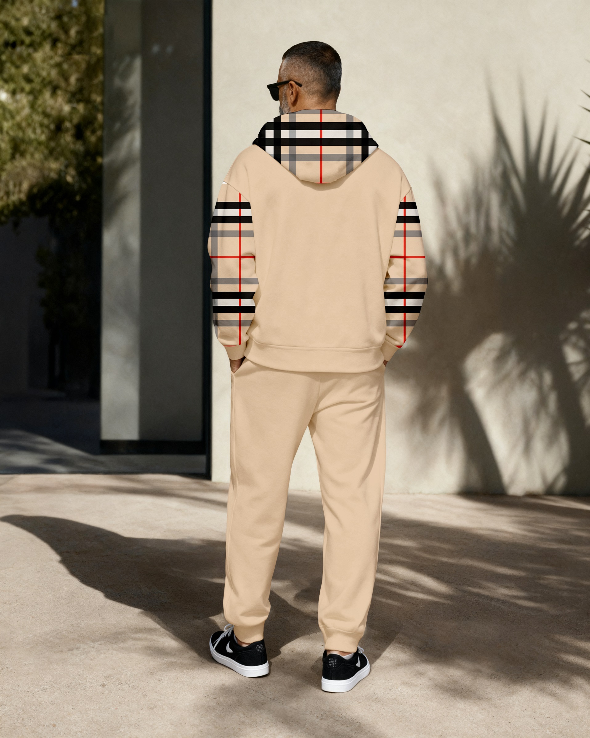 Men's Retro Luxury Thickened Fleece Colorblock Jacket Sports Hoodie Set 01