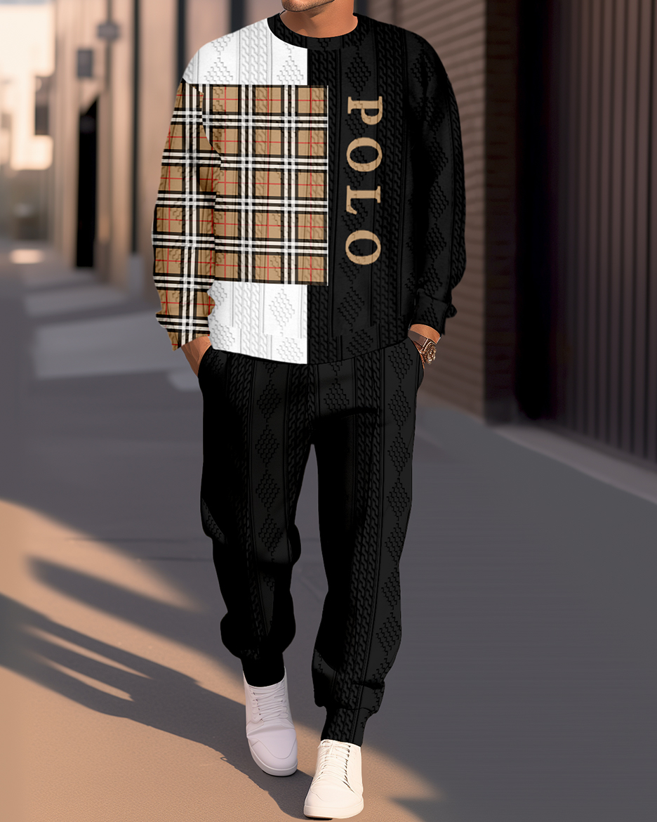 Men's Textured Jacquard Round Neck Casual Sports Set 019