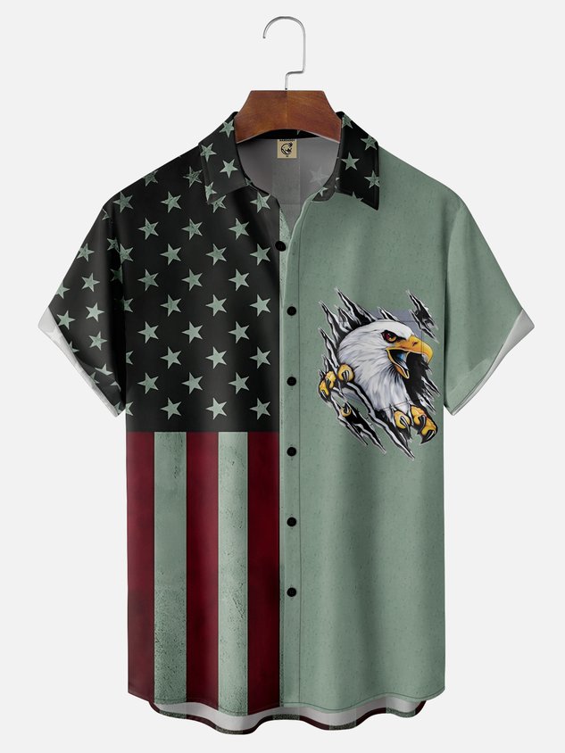 Tall Size Moisture-wicking Memorial Day American Flag American Eagle Chest Pocket Casual Shirt