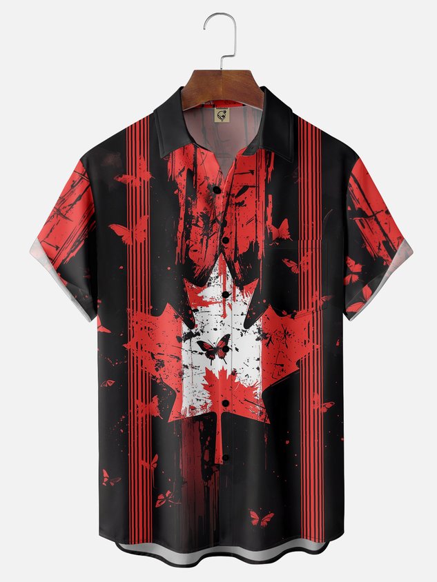 Moisture-wicking Canada Day Maple Leaf Chest Pocket Bowling Shirt