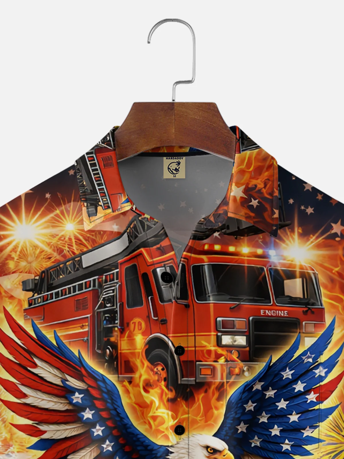 Moisture Wicking American Flag Gradient Colors American Eagle Fire Truck Chest Pocket Holiday Shirt