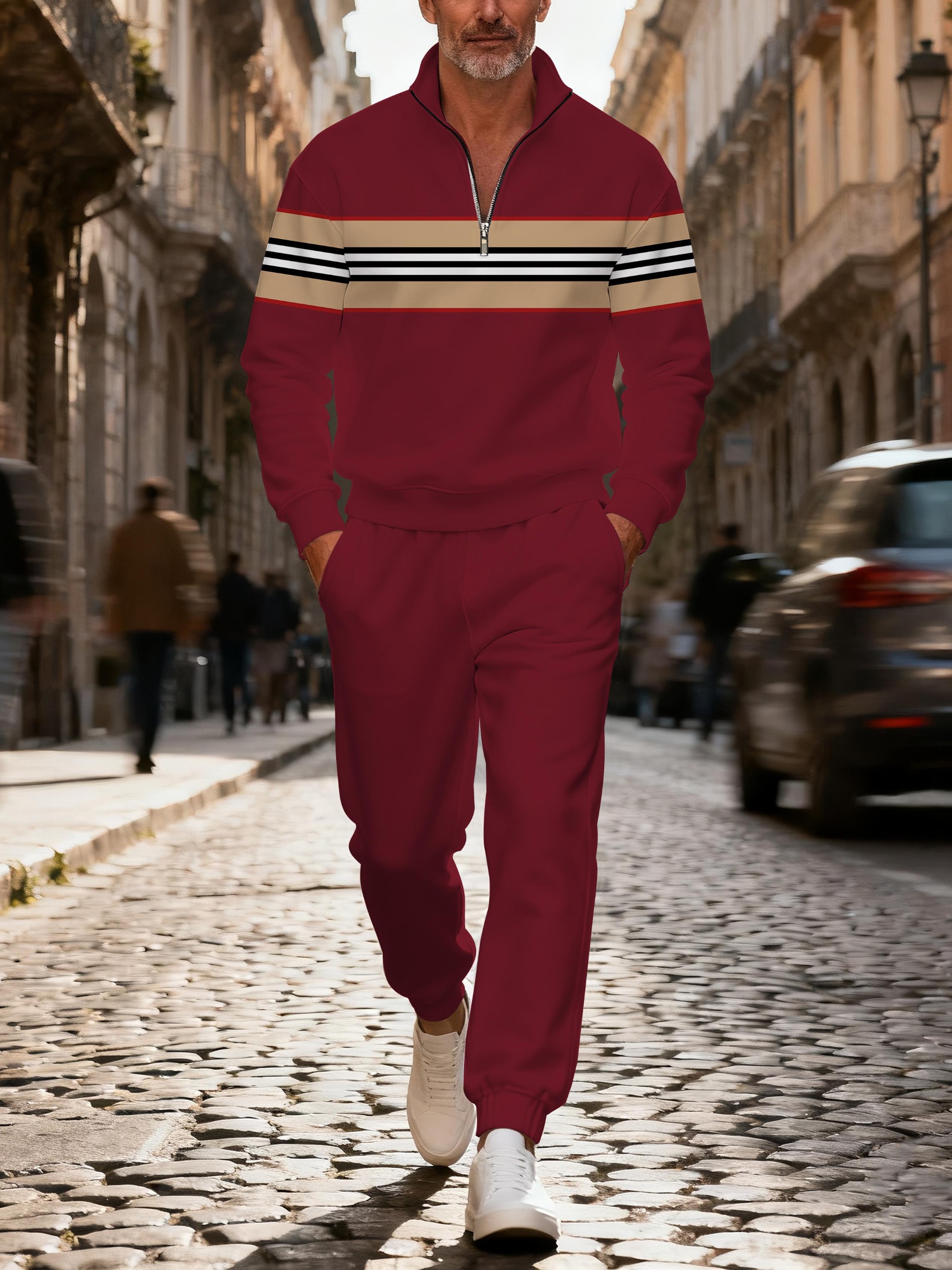 Men's stylish casual striped zipper long-sleeved two-piece set