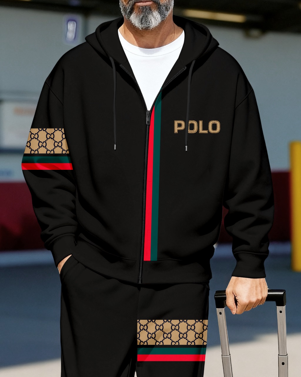 Men's Retro Luxury Thickened Fleece Colorblock Jacket Sports Hoodie Set 10