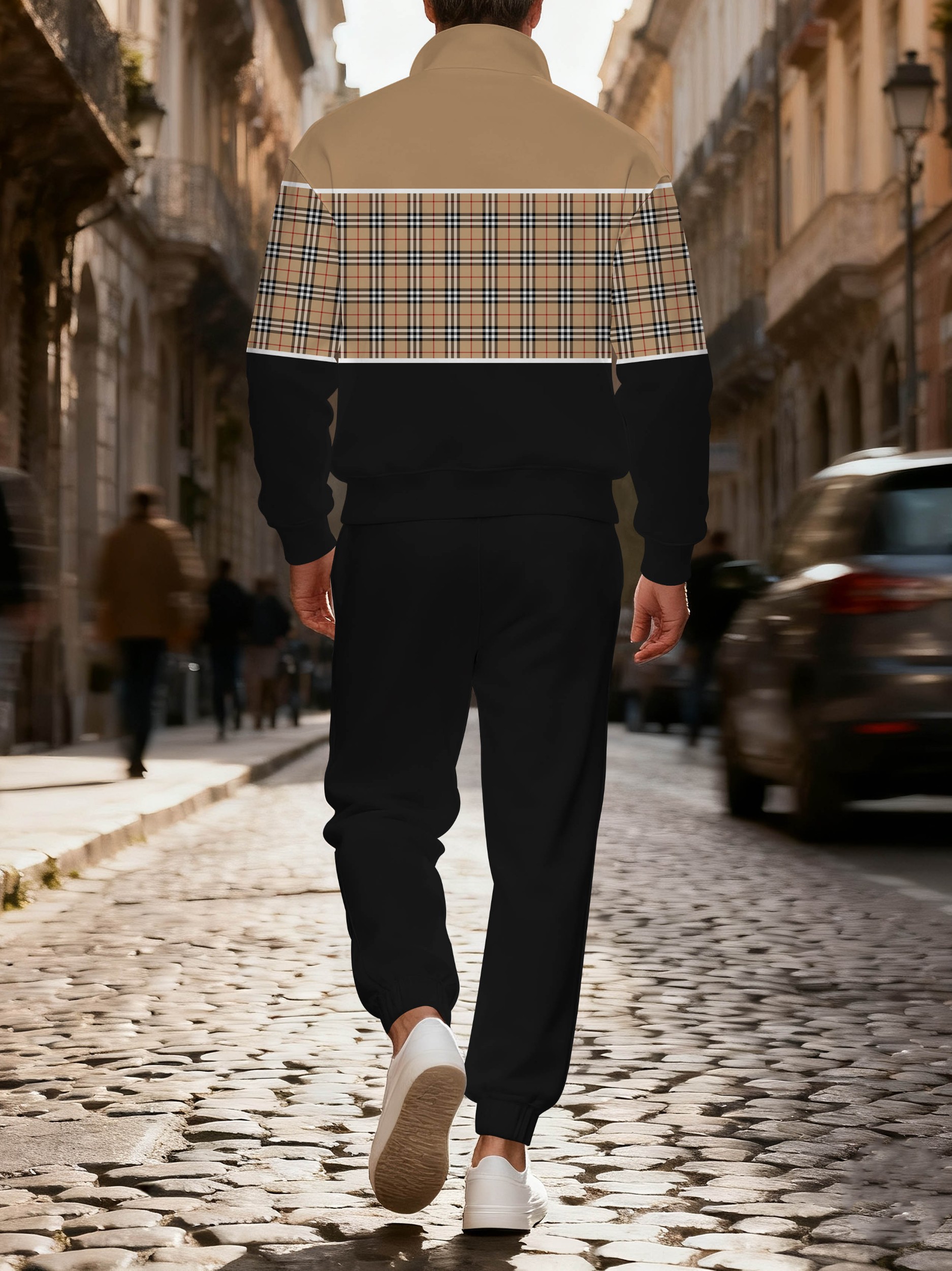 Men's casual black khaki checkered zipper long-sleeved two-piece set