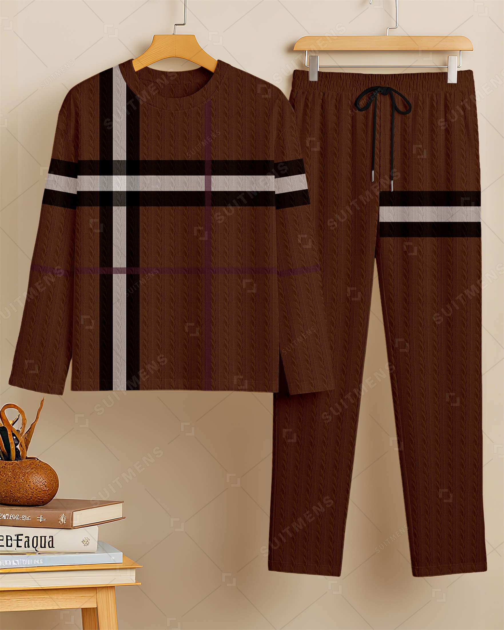 Men's New Colorblock Print Textured Long Sleeve Pants Set 007