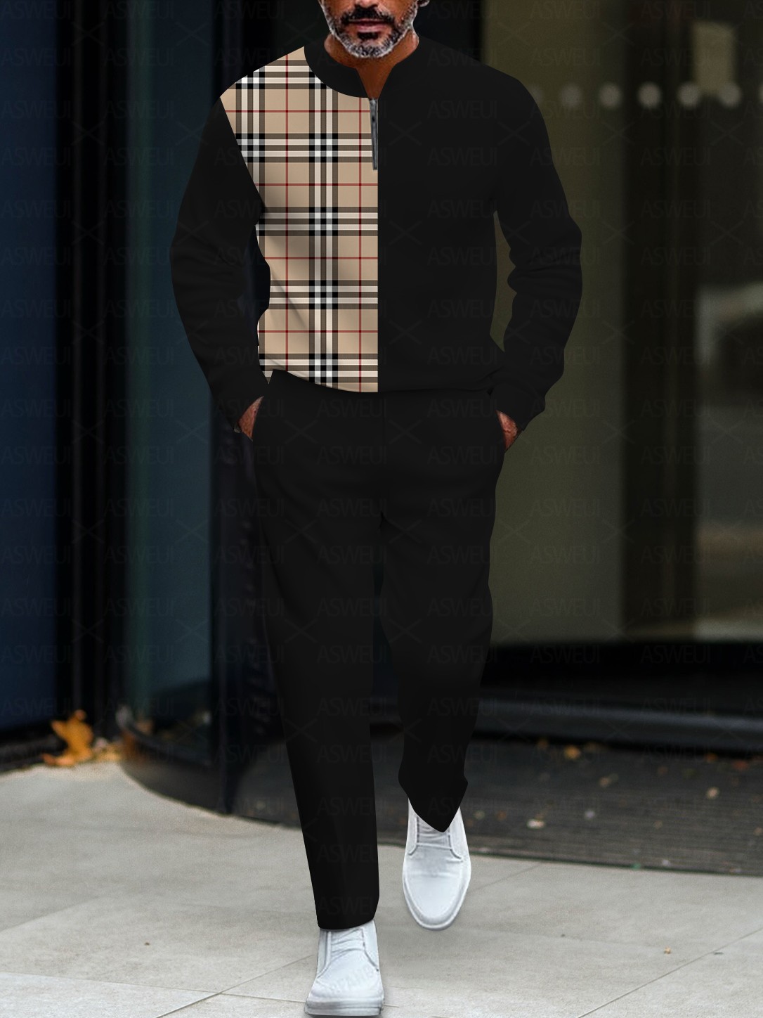 Men's fashionable casual plaid zipper long-sleeved two-piece set