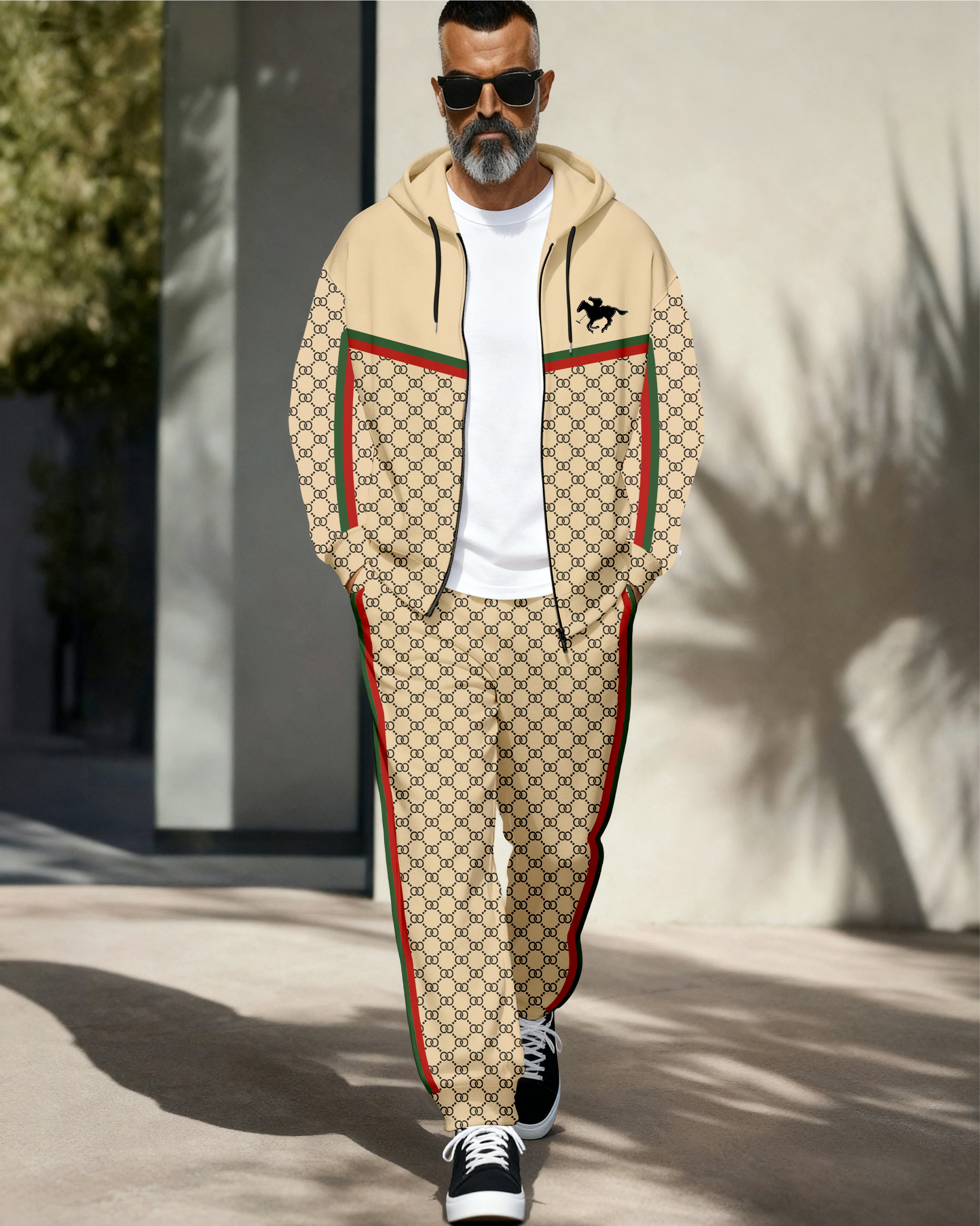 Men's Retro Luxury Thickened Fleece Colorblock Jacket Sports Hoodie Set 02