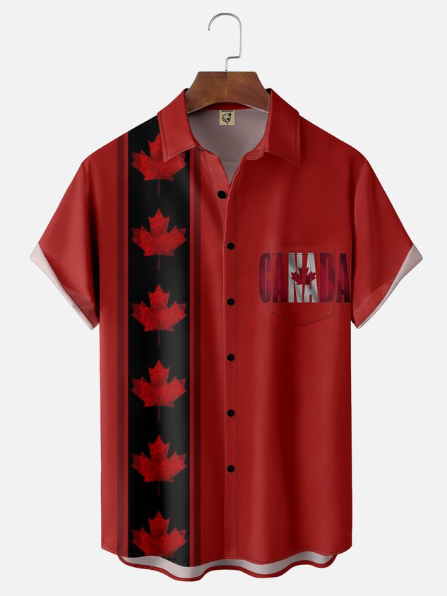 Moisture-wicking Canada Day Maple Leaf Art Red Chest Pocket Bowling Shirt