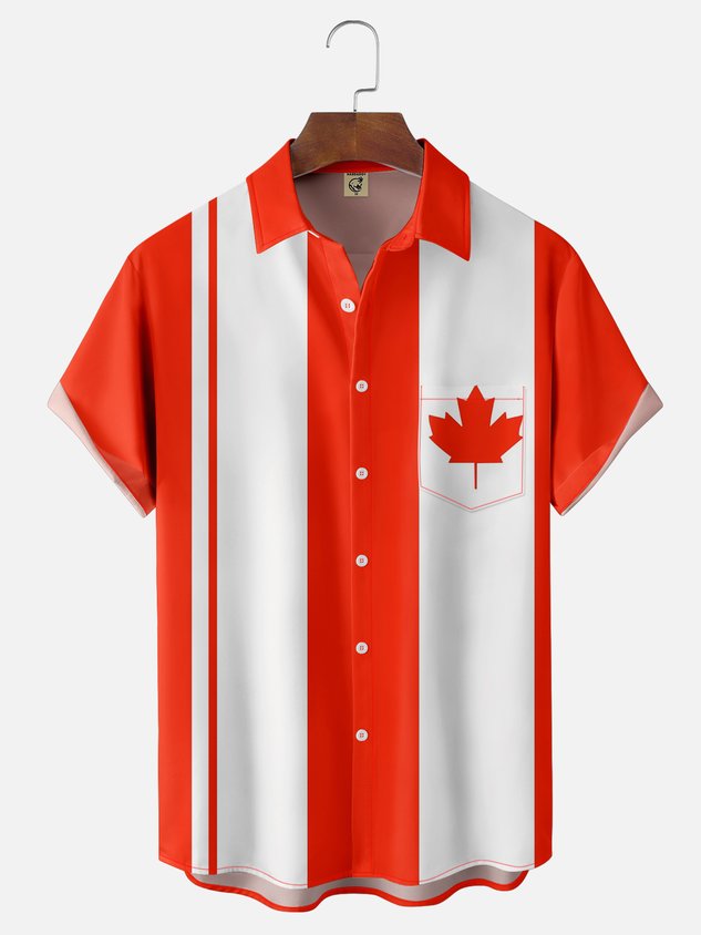 Tall Size Moisture-wicking Canada Day Maple Leaf Chest Pocket Bowling Shirt