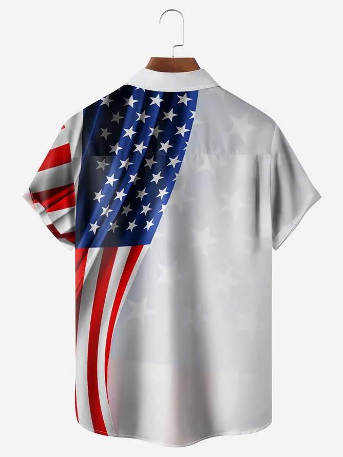 Tall Size Moisture-wicking American Flag Chest Pocket Casual Shirt