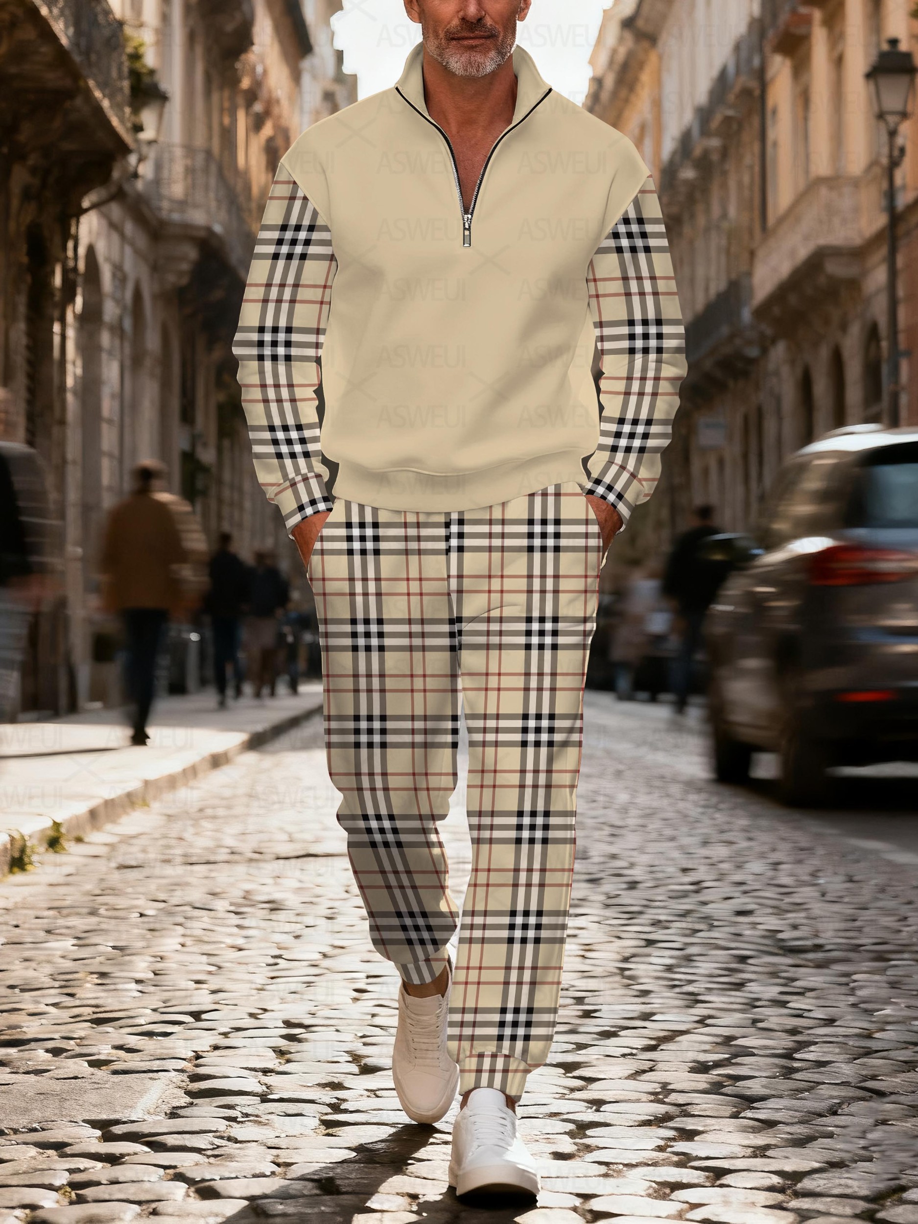 Men's stylish casual checkered print zipper long-sleeved two-piece set