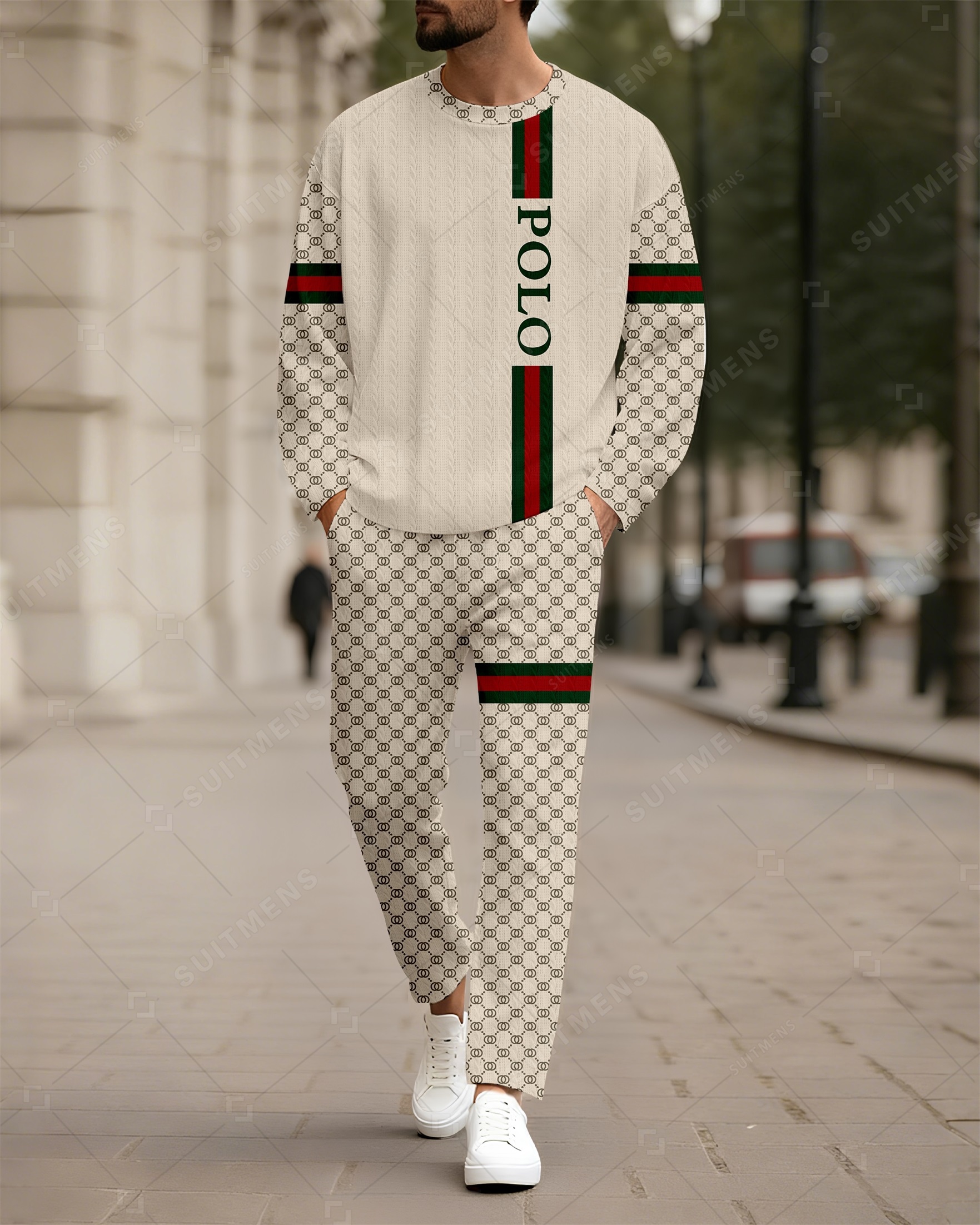 Men's New Colorblock Print Textured Long Sleeve Pants Set 001