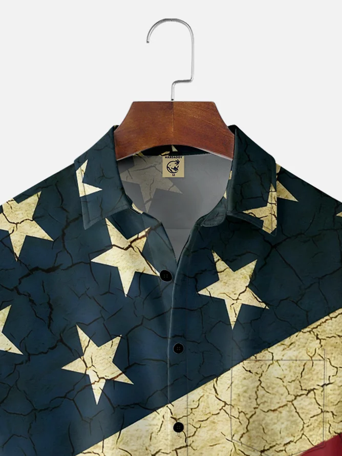 Tall Size Moisture-wicking American Flag Chest Pocket Casual Shirt