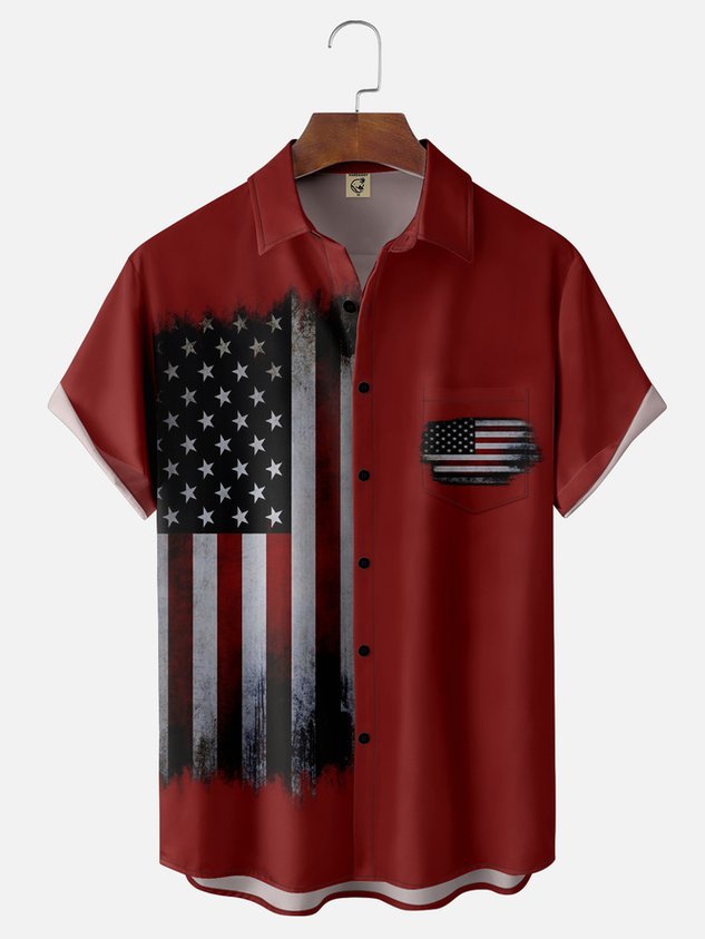  American Flag Chest Pocket Short Sleeve Casual Shirt