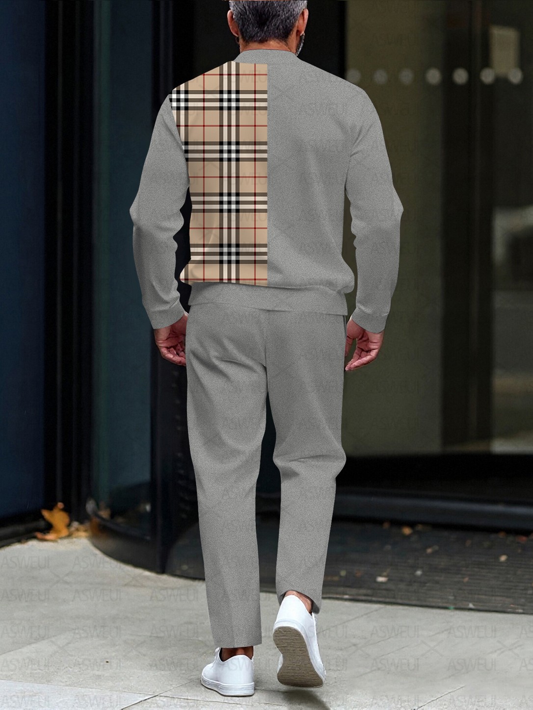 Men's fashionable casual plaid zipper long-sleeved two-piece set