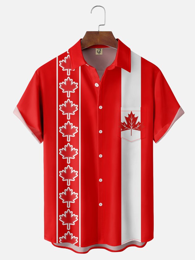Moisture-wicking Canada Day Maple Leaf Chest Pocket Bowling Shirt