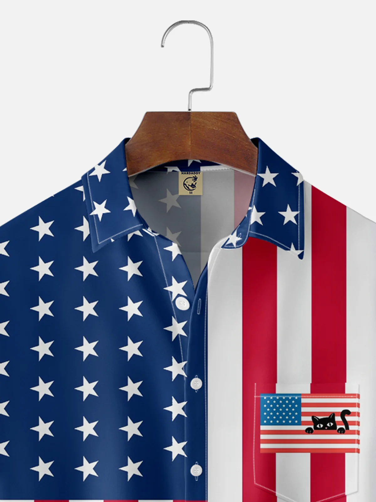 Coffee Man Moisture-wicking Cat American Flag Chest Pocket Hawaiian Shirt