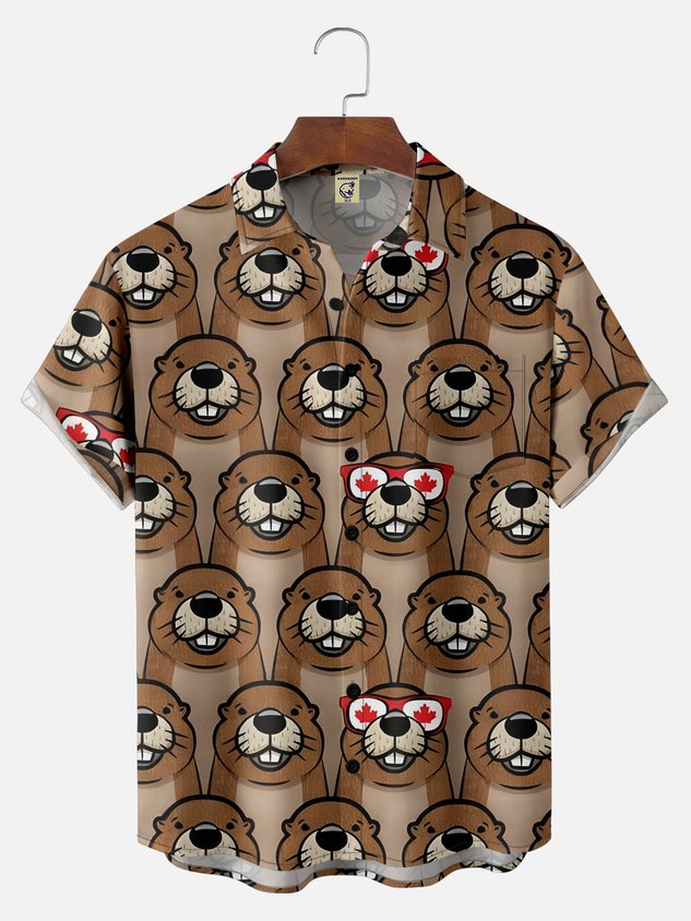 Big Size Moisture-wicking Canada Day Beaver Chest Pocket Casual Shirt