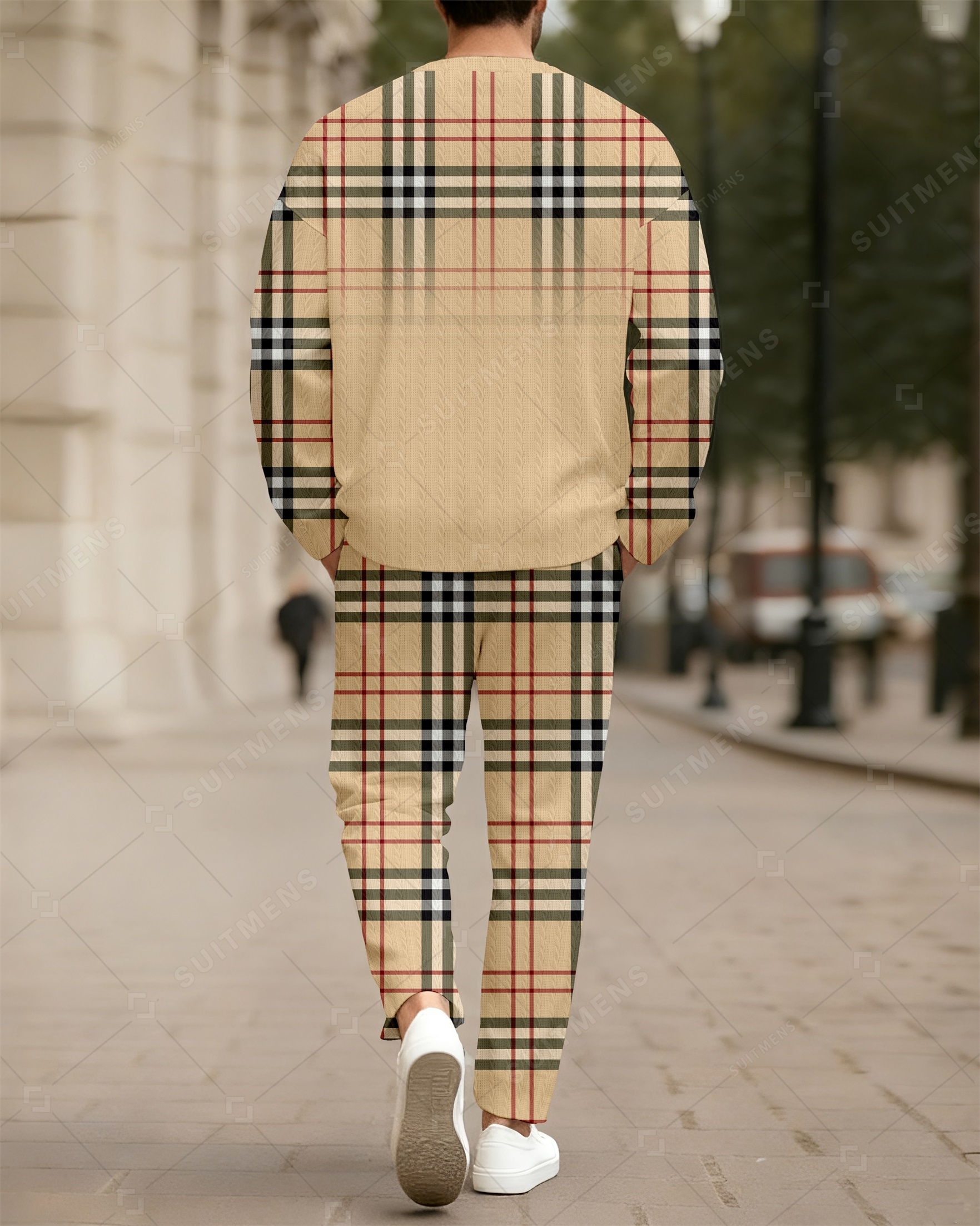 Men's New Colorblock Print Textured Long Sleeve Pants Set 0012