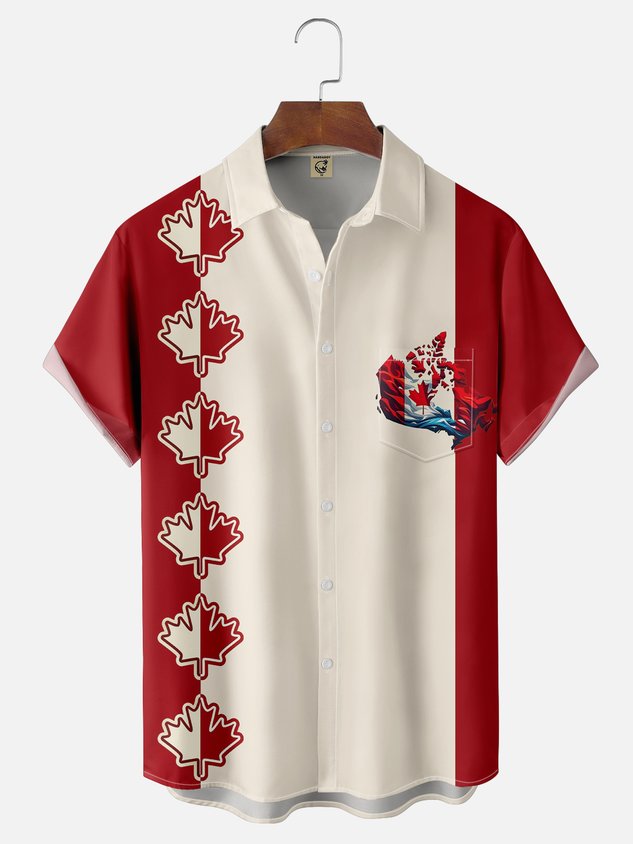 Moisture-wicking Canada Day Maple Leaf Art Chest Pocket Bowling Shirt