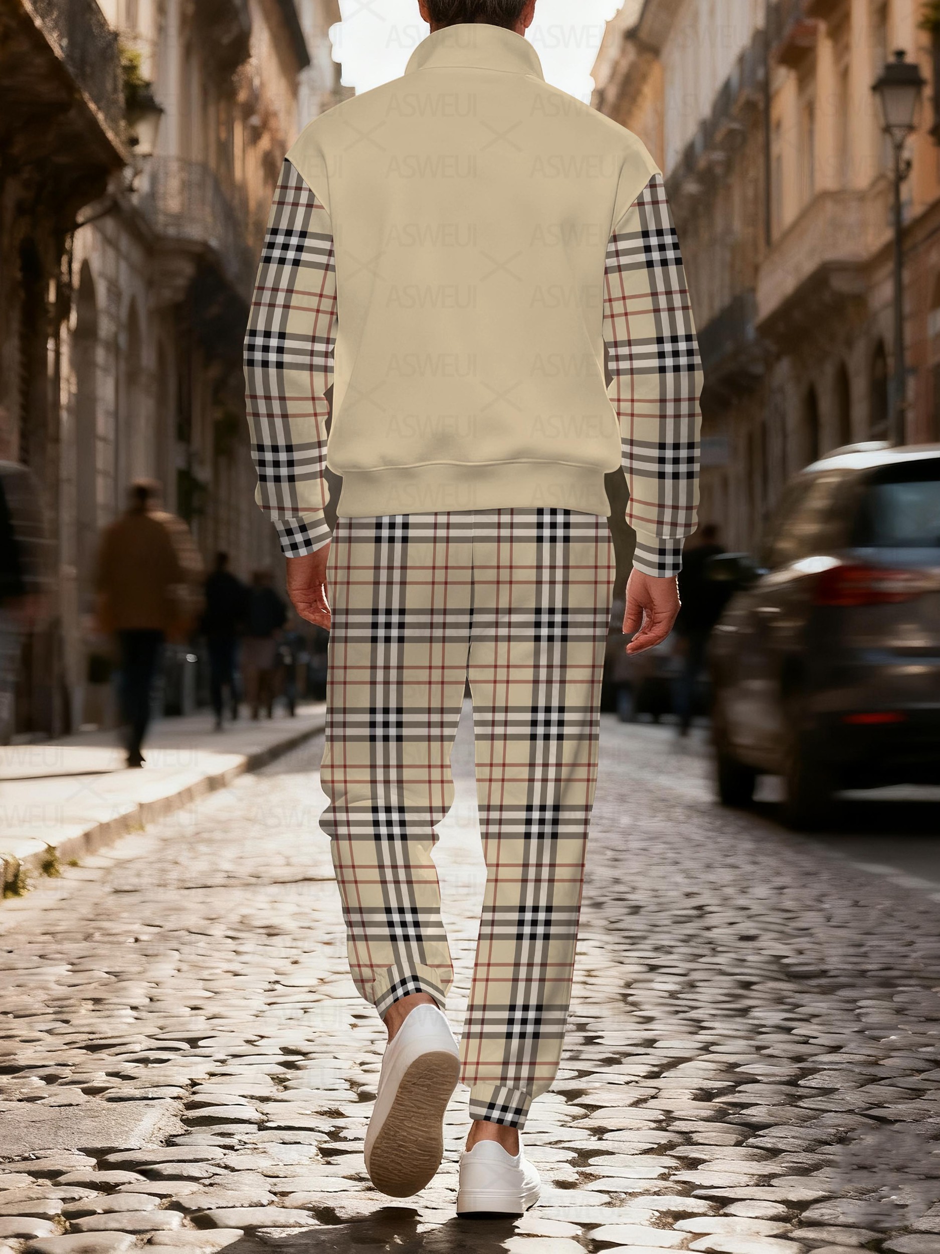 Men's stylish casual checkered print zipper long-sleeved two-piece set