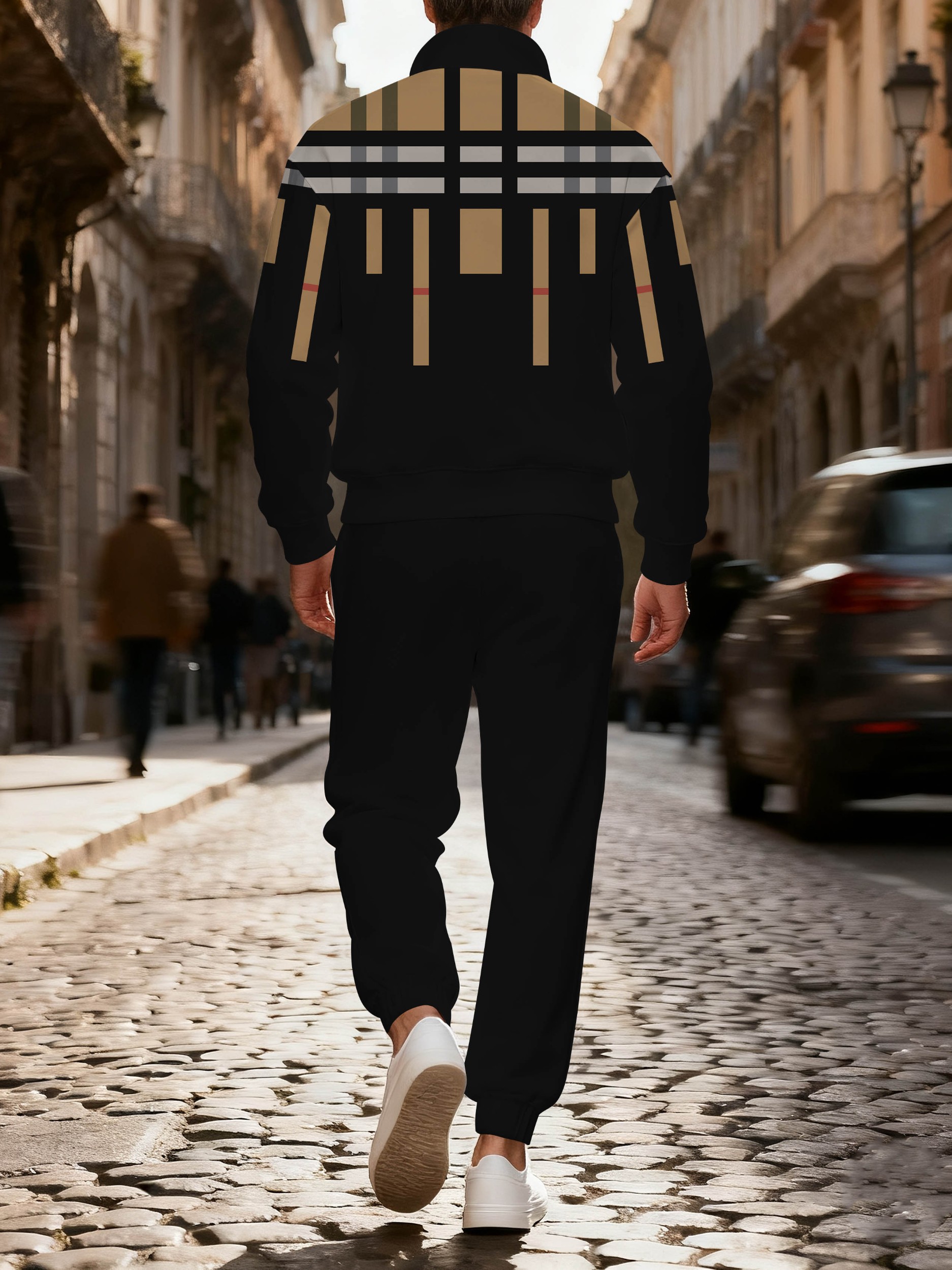 Men's casual black checkered zipper long-sleeved two-piece set