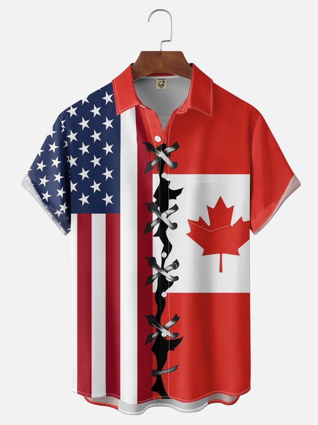 Moisture Wicking US & Canadian Flag Slogans and Chest Pocket Holiday Hawaiian Shirt