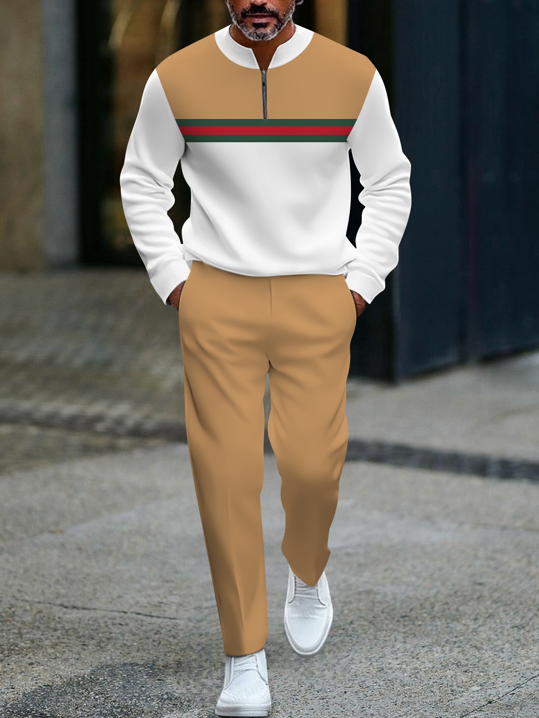 Men's casual stylish brown striped print zipper long-sleeved two-piece set